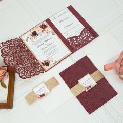 Graceful Love Heart Tri-fold Laser Cut Pocket Wholesale Wedding Invitation Suite WSWL0016